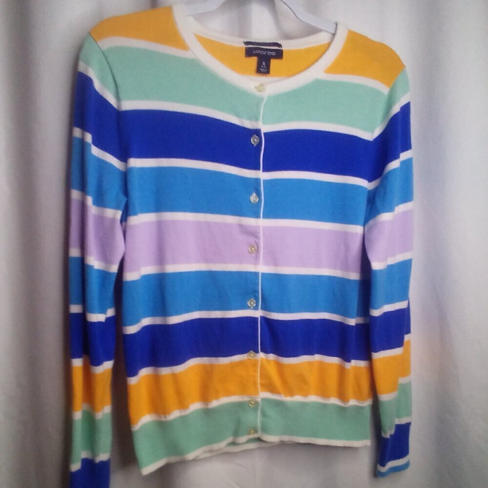 Lands' End Sweater Cardigan S 6-8 Women Button Up Stripe Colorful